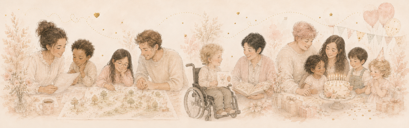 Illustration: Familien und Kinder feiern gemeinsam ein Fest