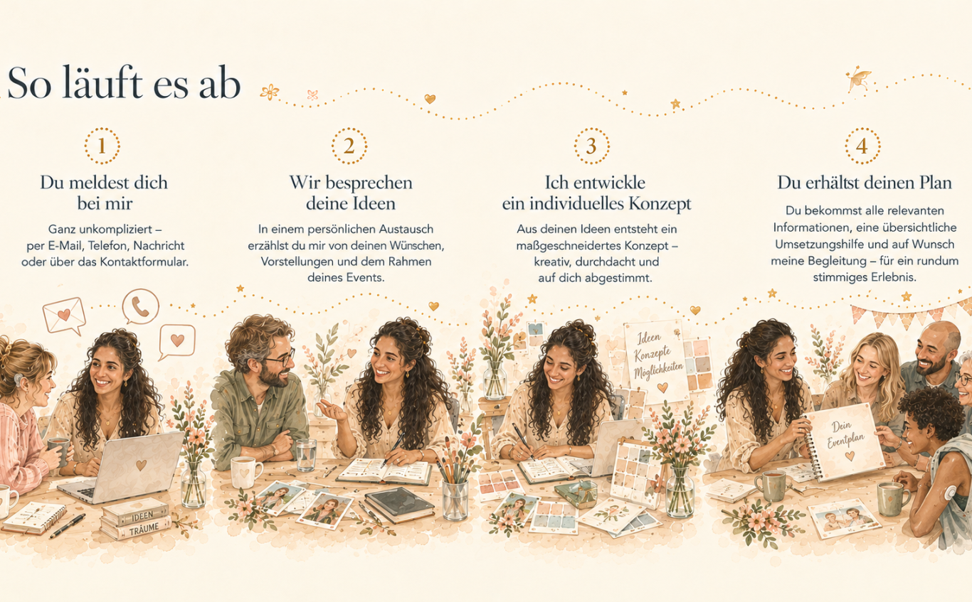 So läuft es ab: 1. Du meldest dich bei mir. 2. Wir besprechen deine Ideen. 3. Ich entwickle ein individuelles Konzept. 4. Du erhältst deinen