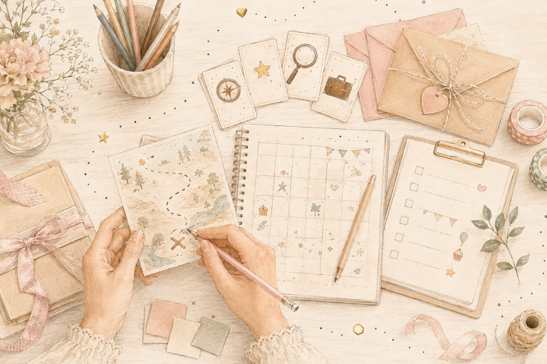 Illustration: Planung mit Notizen, Karten und Materialien für ein Erlebnis
