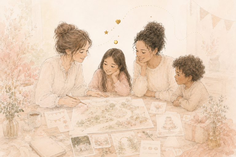 Illustration: Mutter und Kinder planen gemeinsam ein Erlebnis am Tisch