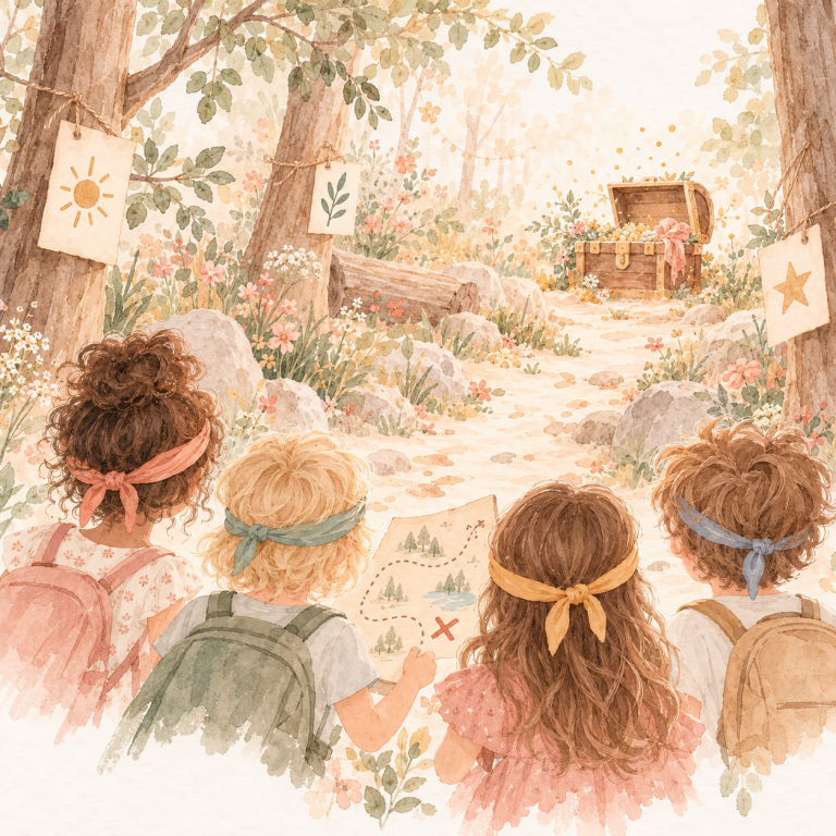 Illustration: Kinder mit bunten Stirnbändern folgen einer Schatzkarte durch den Wald