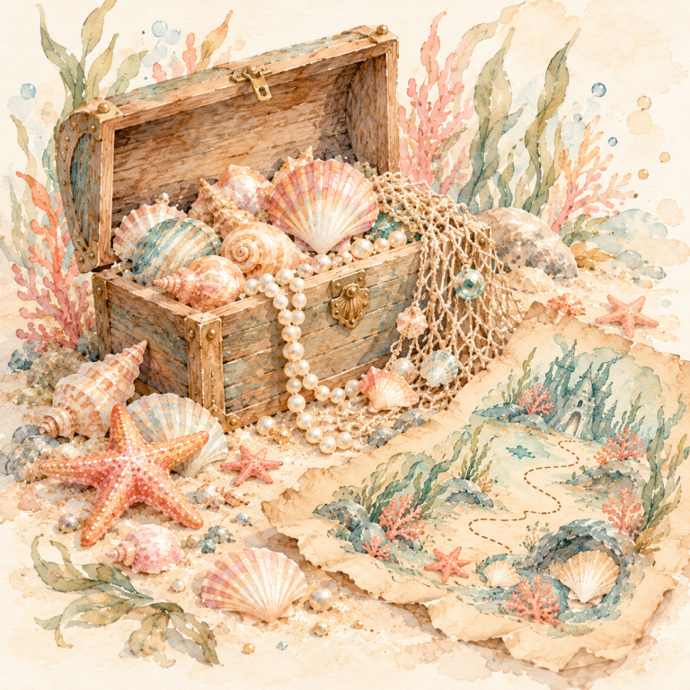 Illustration: Schatztruhe mit Muscheln, Perlen und Schatzkarte zum Meerprinzessinnen-Geburtstag