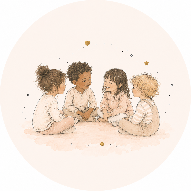 Illustration: Gruppe von Kindern sitzt zusammen und entdeckt etwas