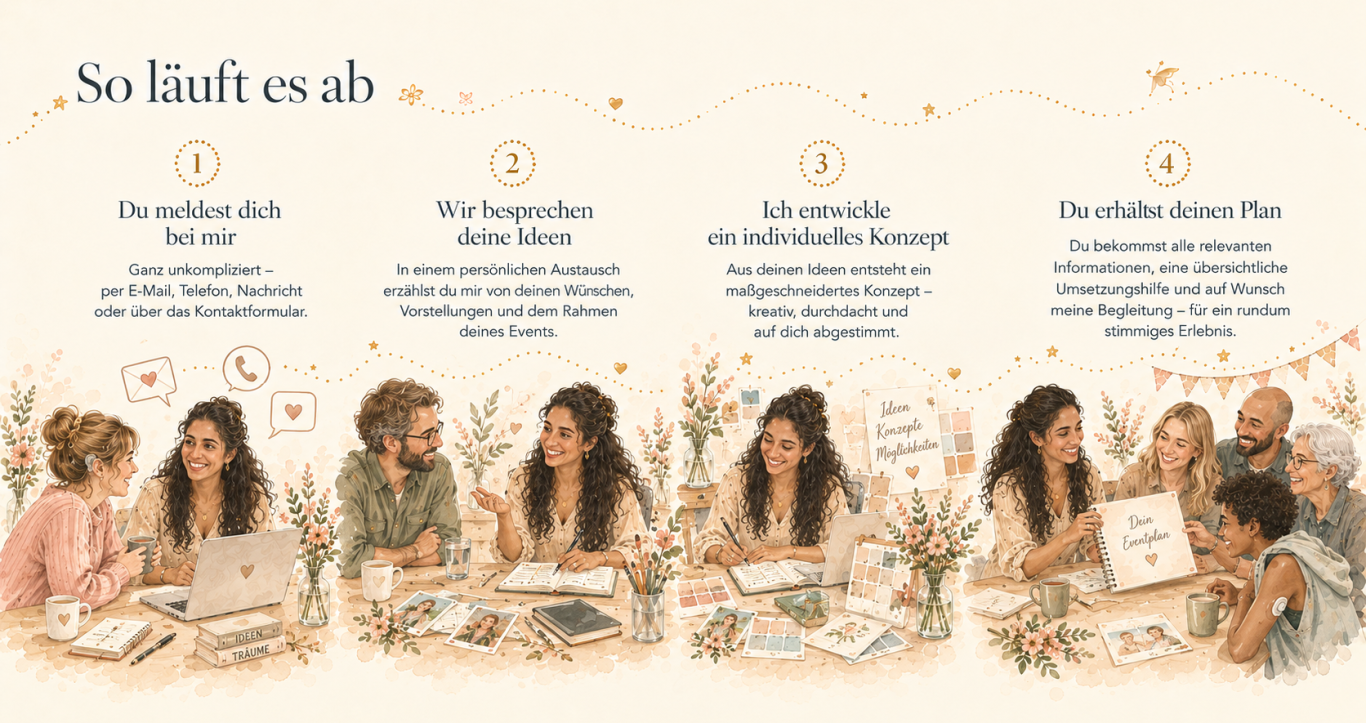 So läuft es ab: 1. Du meldest dich bei mir. 2. Wir besprechen deine Ideen. 3. Ich entwickle ein individuelles Konzept. 4. Du erhältst deinen