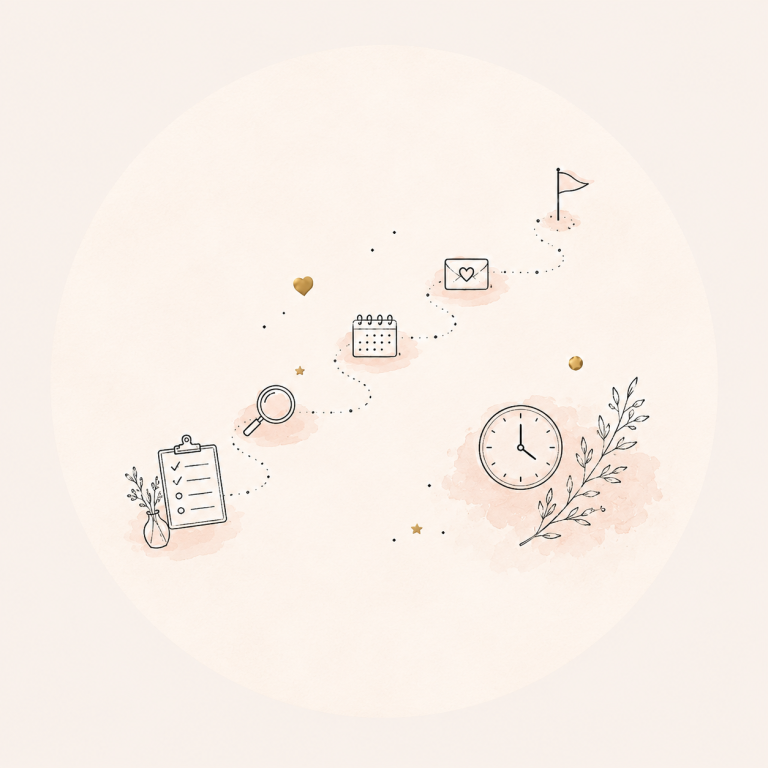 Illustration: Ablaufplan mit Uhr und Notizen für die Geburtstagsfeier
