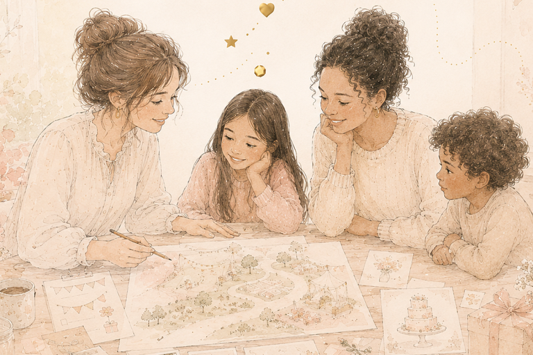 Illustration: Frauen und ein Kind beugen sich gemeinsam über eine Karte und entwickeln eine eigene Idee