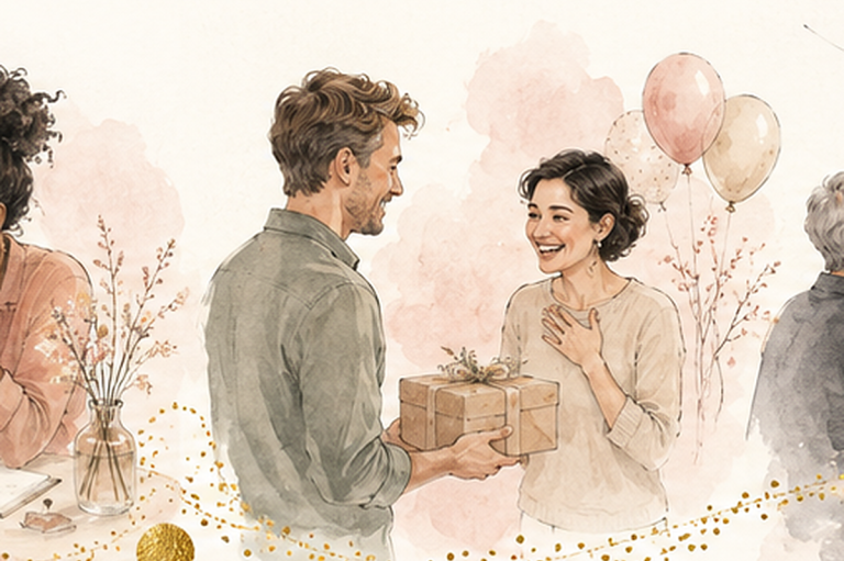 Illustration: zwei Erwachsene überreichen sich bei einer Feier ein Geschenk als Überraschung