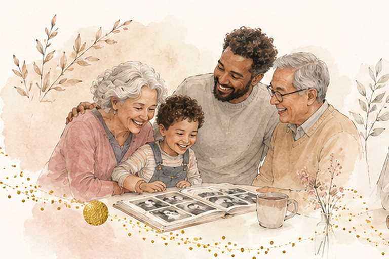 Illustration: mehrere Generationen einer Familie sitzen zusammen und erleben gemeinsam ein Familienfest
